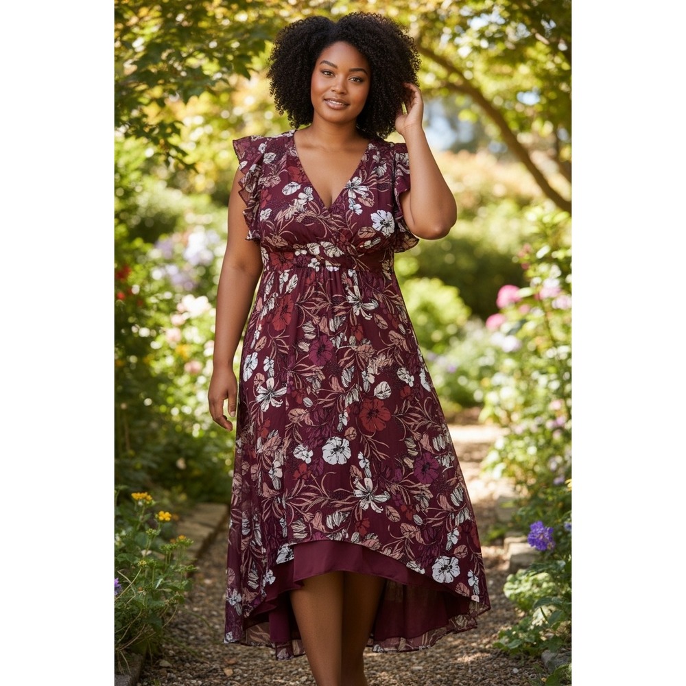 Alex Marie Burgundy Floral High-Low Maxi Dress Ruffle Sleeve Wine Size 14